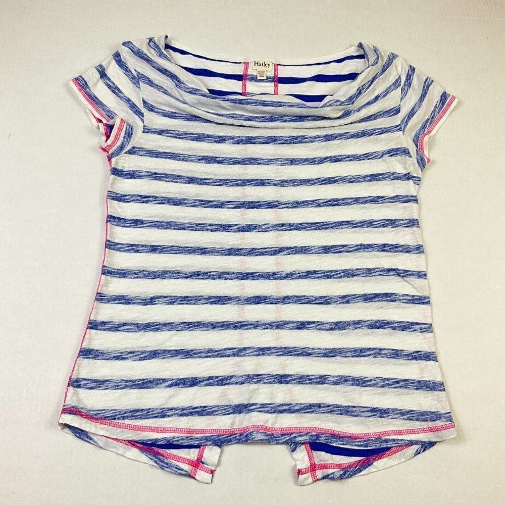 Hatley Cowl Neck T-Shirt Striped Split Back Tee Short Sleeve Linen Blend Size XS